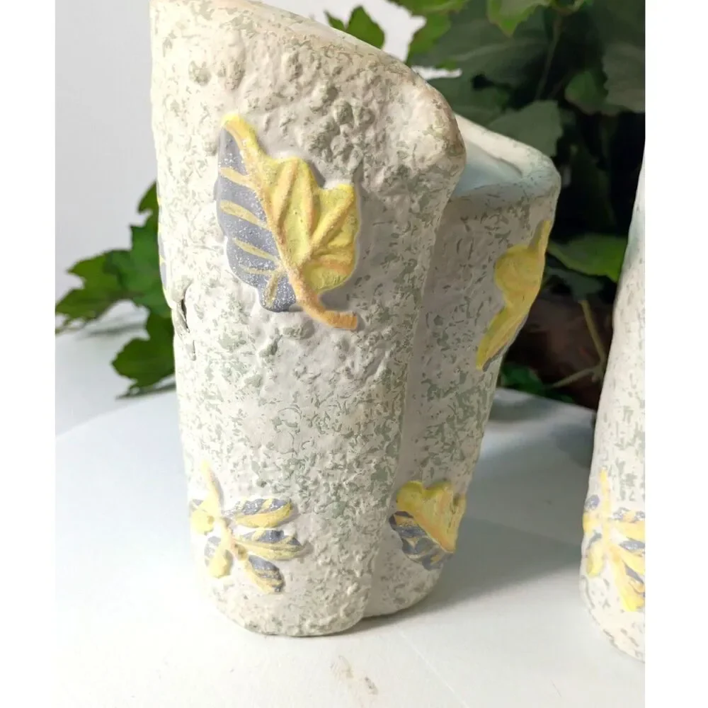 Handcrafted White Ceramic Vases with Yellow Leaves, Handpainted Clay Pottery